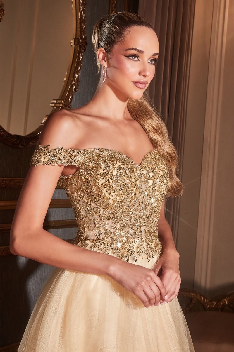 Vestido de Gala y Boda Línea A de Tul con Brillantina Dorado Champán - Escote Corazón con Cuentas y Hombros Caídos
