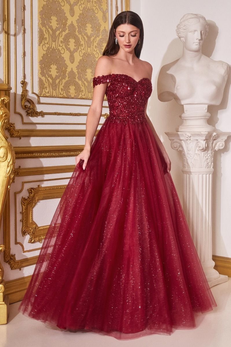 Vestido de Gala y Boda Línea A de Tul con Brillantina Dorado Champán - Escote Corazón con Cuentas y Hombros Caídos