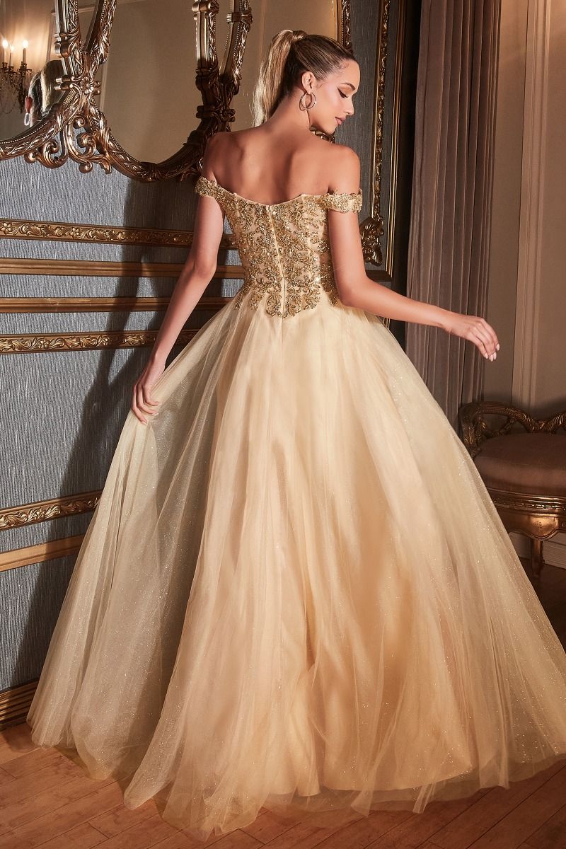 Champagne Gold Glitter Tulle A-Line Gown - Off-the-Shoulder Beaded Sweetheart Prom & Wedding Dress