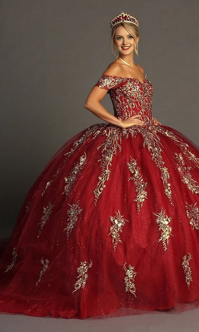 Embroidered Ballgown Off‑Shoulder Short Sleeve Corset‑Back Floor‑Length Quinceanera Dress