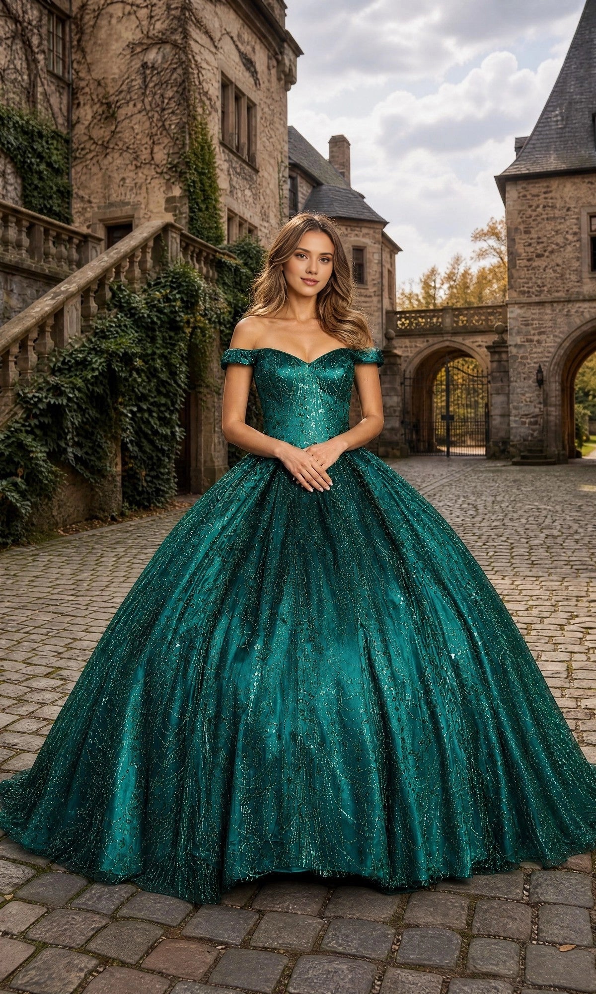 Luxury Ball Gown Off‑The‑Shoulder Short Sleeve Open Back Floor Length Quinceañera Dress