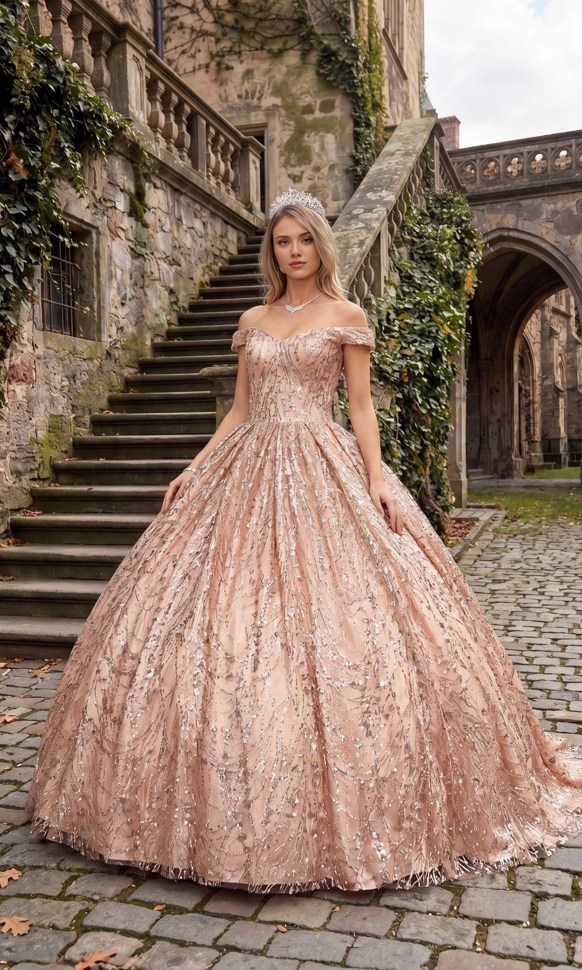 Luxury Ball Gown Off‑The‑Shoulder Short Sleeve Open Back Floor Length Quinceañera Dress