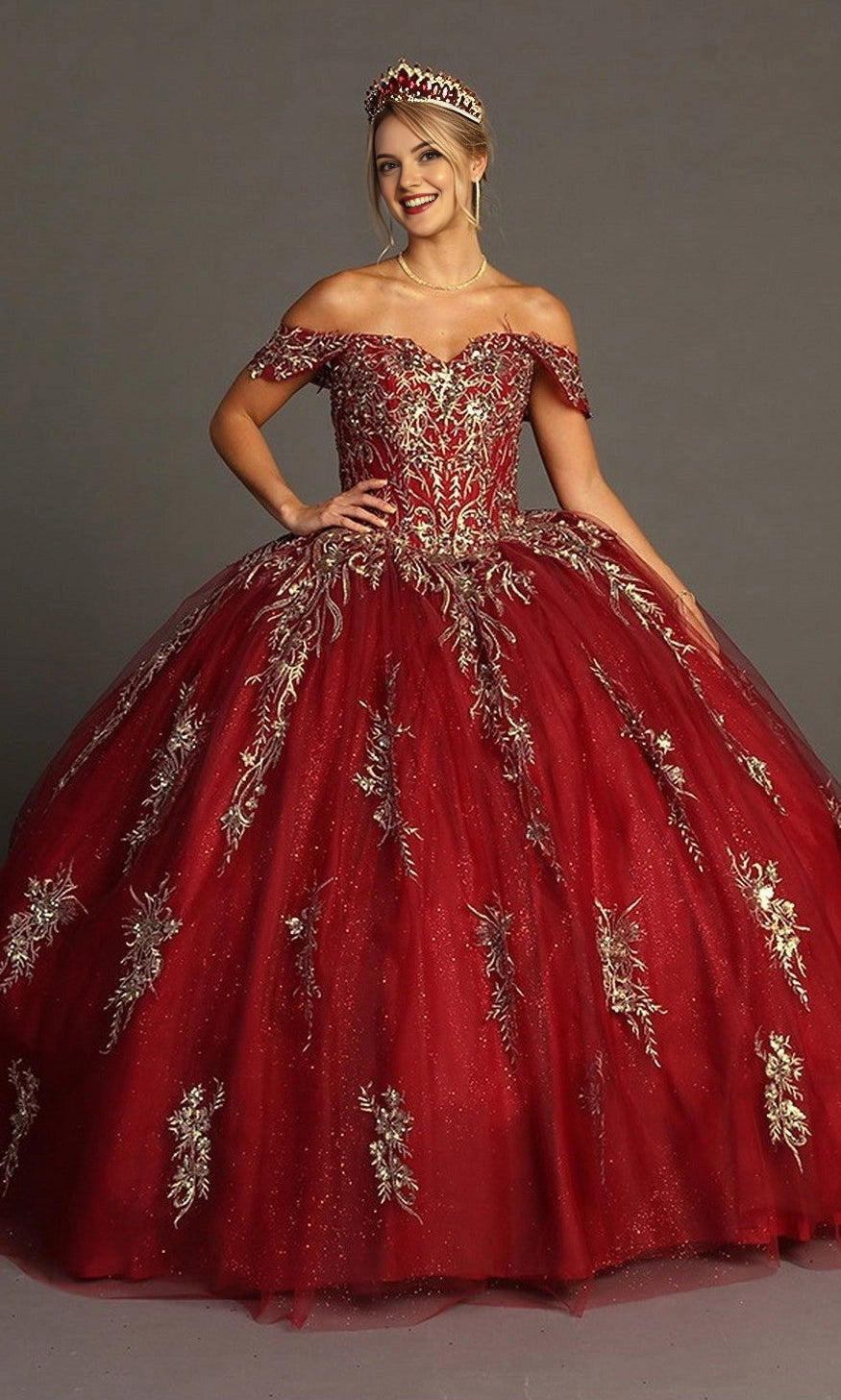 Embroidered Ballgown Off‑Shoulder Short Sleeve Corset‑Back Floor‑Length Quinceanera Dress