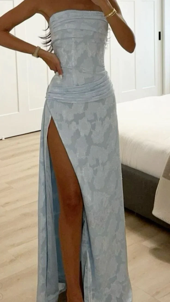 Satin Strapless Tube Maxi Dress Ruched Waist High Side Split Bodycon Evening Party Dress
