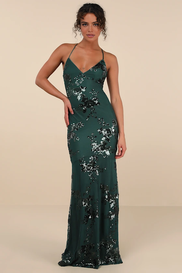 Vestido de Noche Sirena Glamuroso con Tirantes Finos, Espalda Acordonada, Lentejuelas y Tul, Largo hasta el Suelo