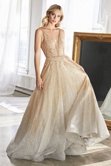 Vestido de Noche y de Boda con Purpurina Ombré Color Champán, Corte en A, con Aplicaciones de Encaje y Escote en V Pronunciado