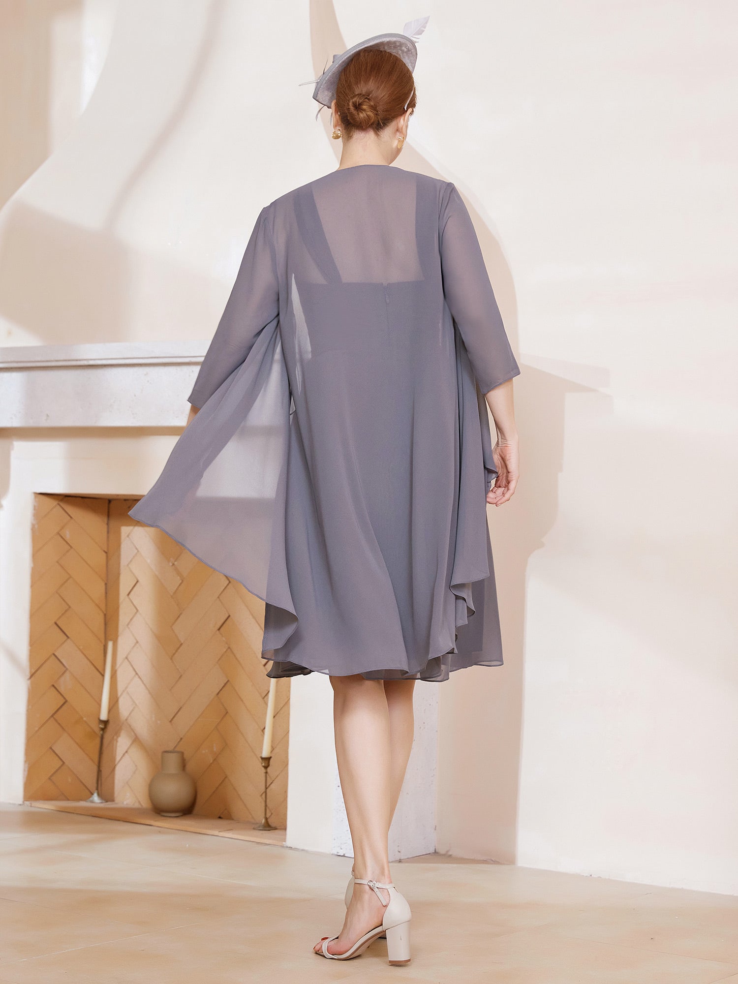 Steel Grey A-Line Formal Midi Dress Square Neck Sleeveless Ruched Waist Crystal Detail Chiffon Gown with Matching Jacket for Wedding Guest and Special Occasions