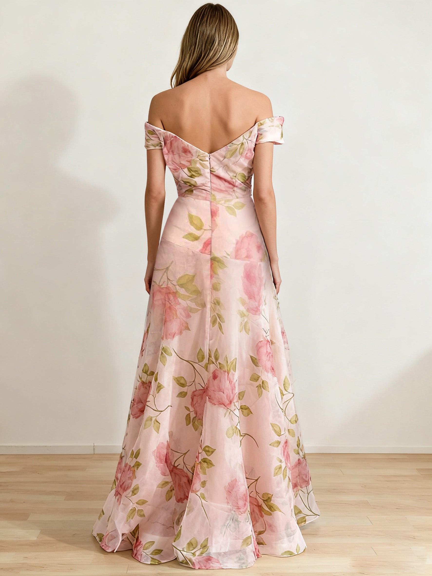 Romantic A-Line Printed Floral Prom Dresses Off-the-Shoulder V-Back  Floor-Length Evening Dress