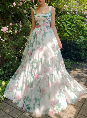 Charming A-Line Square Neck Floral Sleeveless Floor-Length Prom Dress with Applique