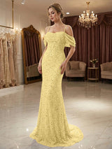 Champagne Off Shoulder Spaghetti Strap Sequin Mermaid Long Prom Dress With Train