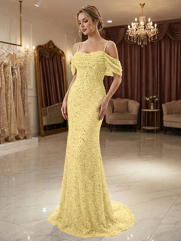 Champagne Off Shoulder Spaghetti Strap Sequin Mermaid Long Prom Dress With Train