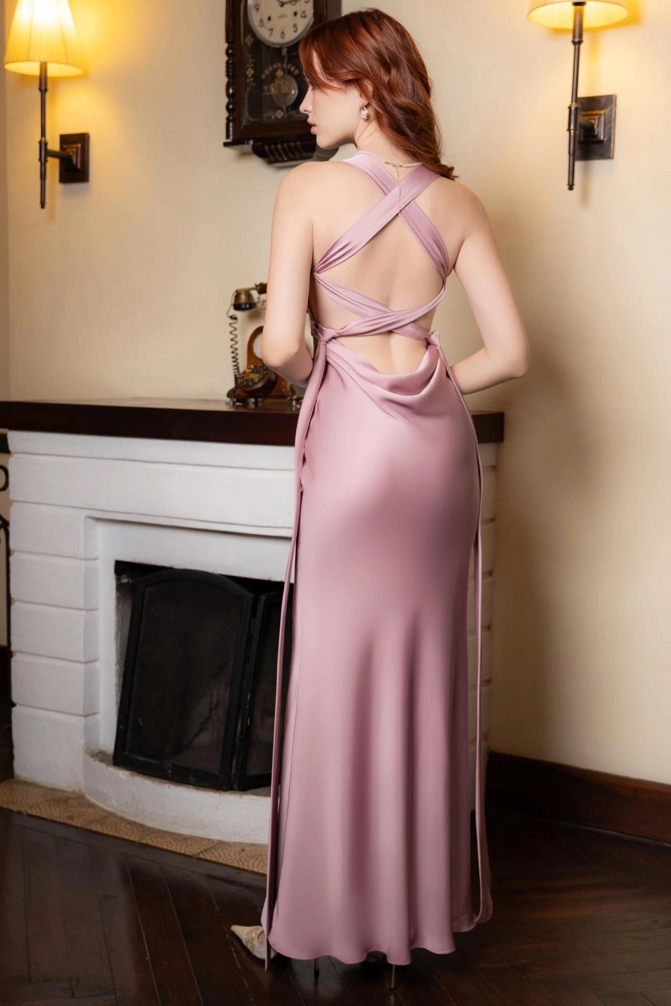 Satin Sheath Cowl‑Neck Crisscross Tie‑Back Maxi Prom Dress