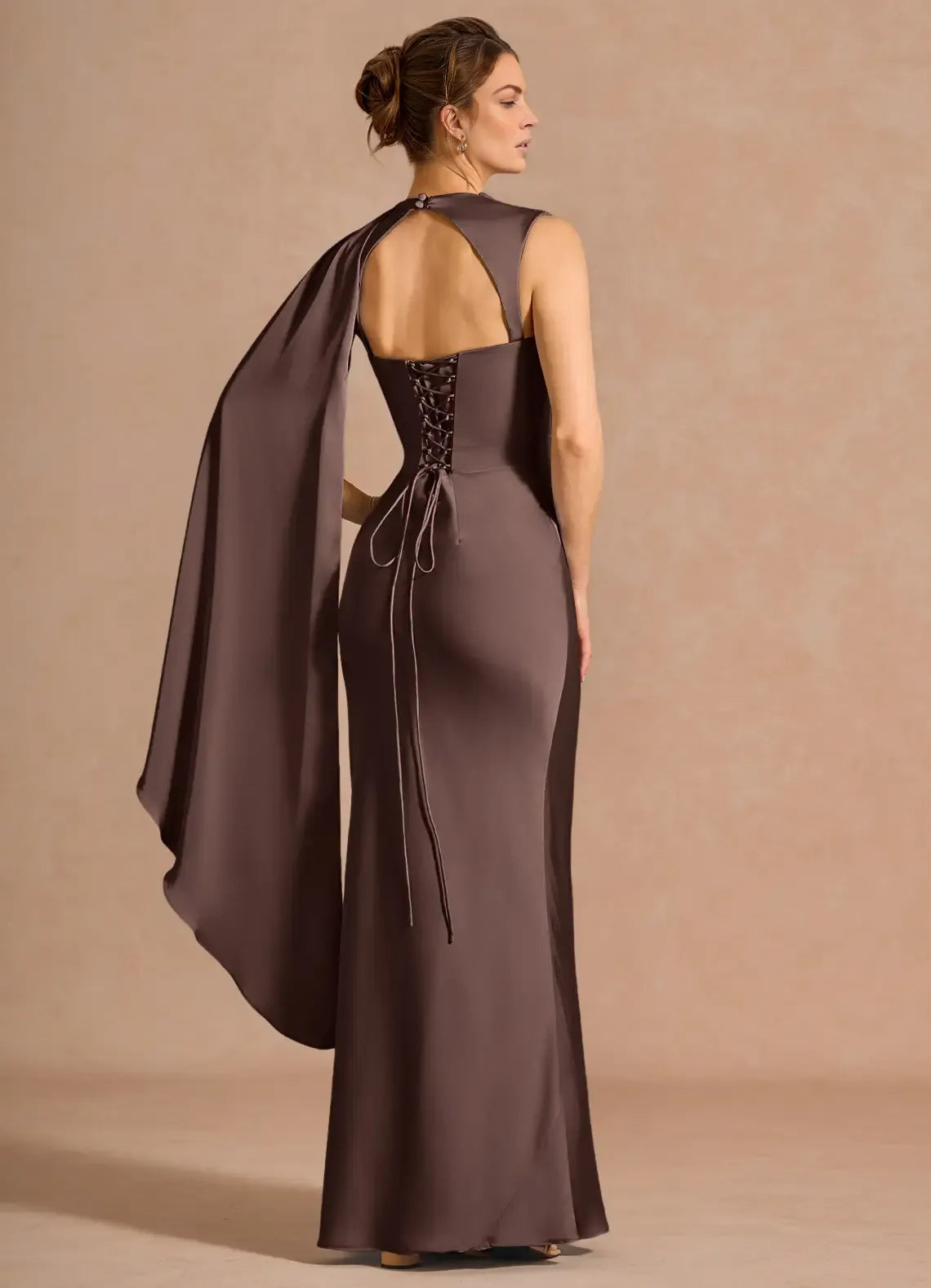 Luxury Mermaid Highneck Sleeveless Satin Maxi Cape Lace-up Formal Evening Dress