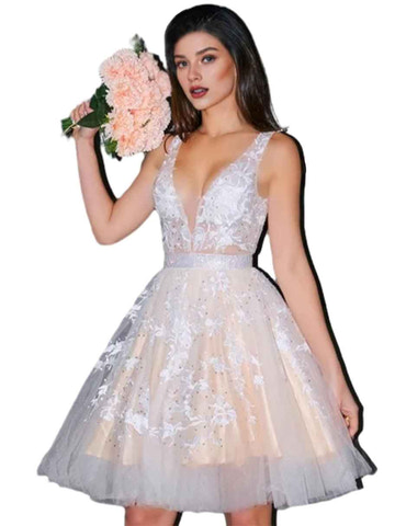 A-Line Homecoming Dress with Floral Appliques | Deep V-Neck Tulle Champagne Lining Formal Cocktail Dress