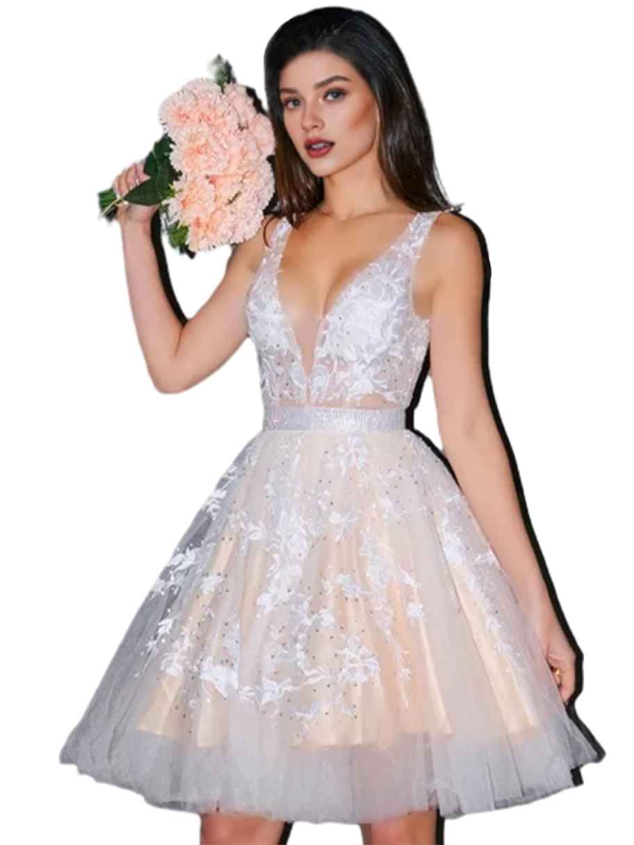 A-Line Homecoming Dress with Floral Appliques | Deep V-Neck Tulle Champagne Lining Formal Cocktail Dress