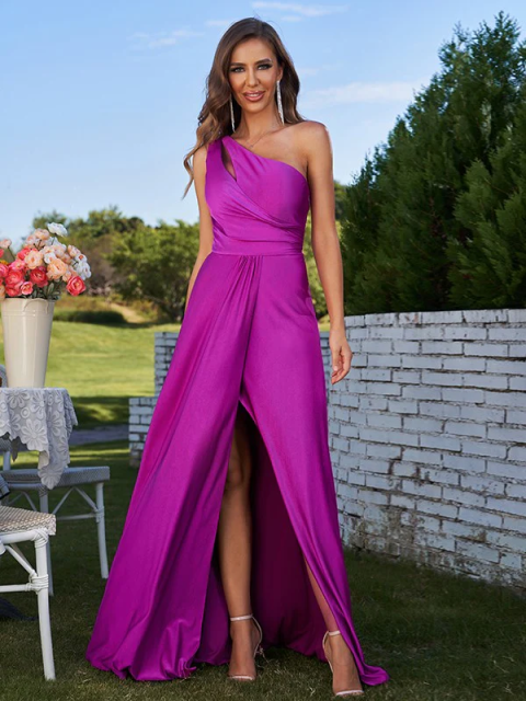 One Shoulder Satin Bridesmaid Dress with Slit - Floor Length Formal Evening Gown