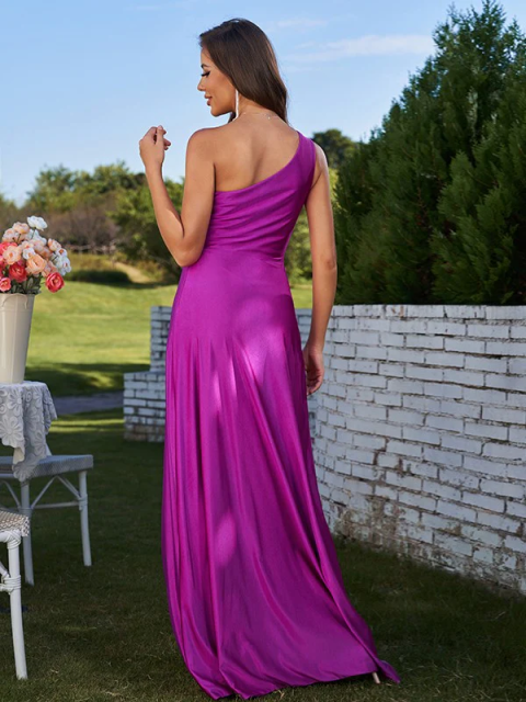 One Shoulder Satin Bridesmaid Dress with Slit - Floor Length Formal Evening Gown