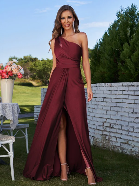 One Shoulder Satin Bridesmaid Dress with Slit - Floor Length Formal Evening Gown