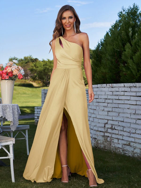 One Shoulder Satin Bridesmaid Dress with Slit - Floor Length Formal Evening Gown
