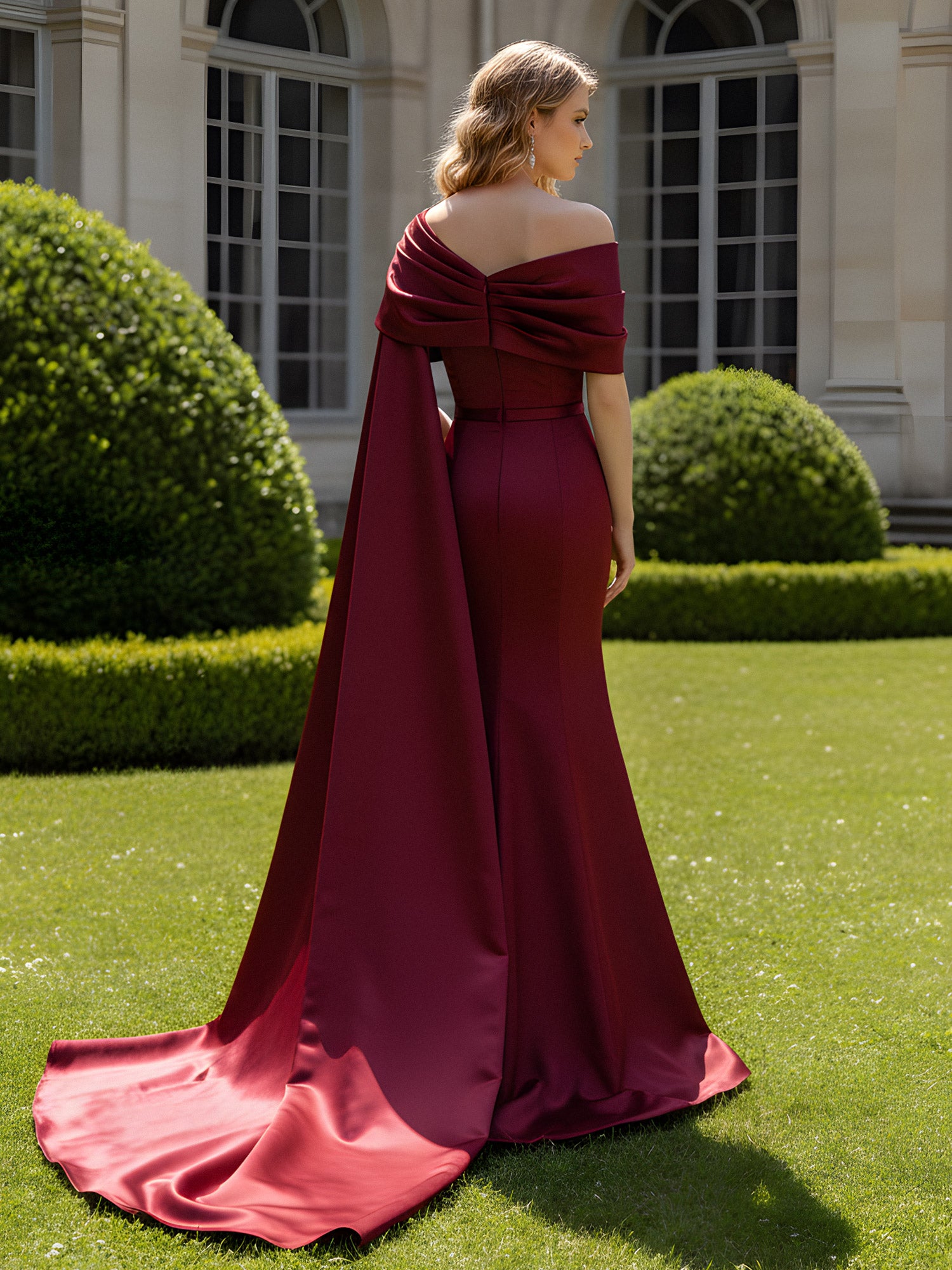 Back view of one shoulder cape formal gown with zipper closure, fitted sheath silhouette, long draped cape, and floor-length skirt by VEDRESS