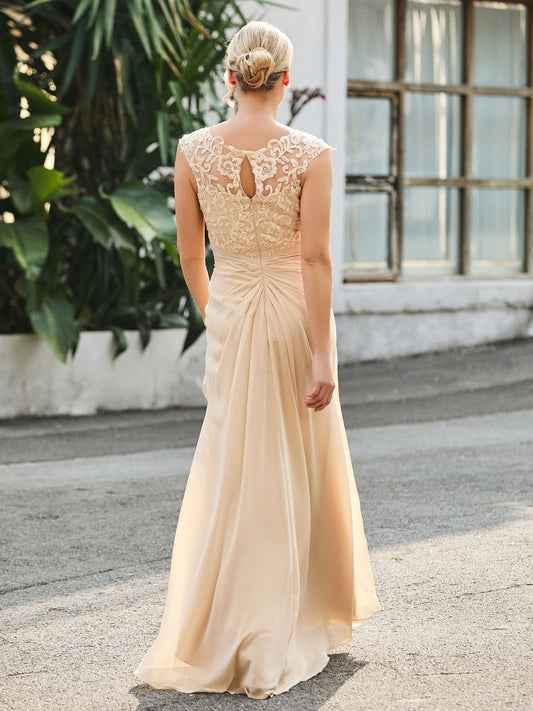 Champagne A-Line Formal Maxi Dress V-Neck Cap Sleeve Floral Lace Applique Ruched Waist Ruffle Chiffon Gown for Wedding Guest, Prom and Special Occasions