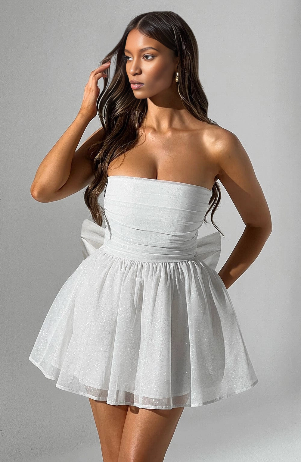 Glitter A-Line Strapless Sleeveless Bow Back Mini Homecoming Dress
