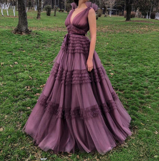 Glamorous A-Line Deep V Neck Sleeveless Prom Dresses Open Back Tiered Maxi Evening Dress