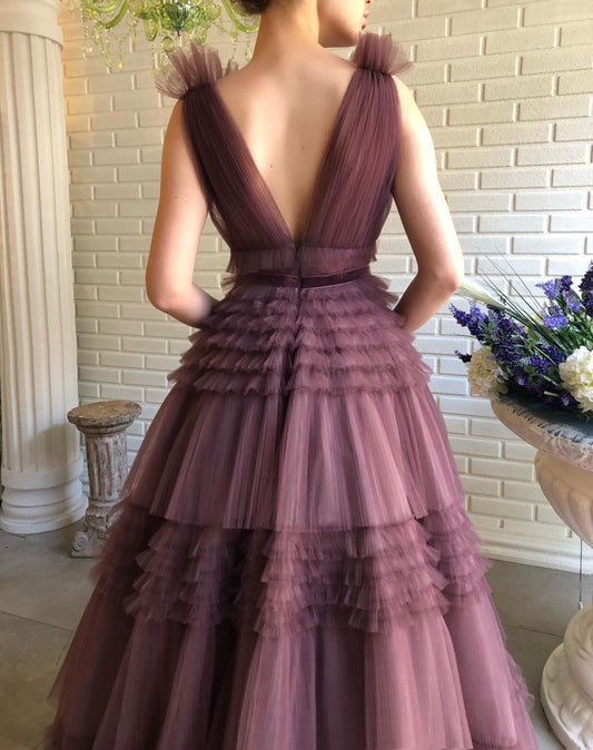 Glamorous A-Line Deep V Neck Sleeveless Prom Dresses Open Back Tiered Maxi Evening Dress