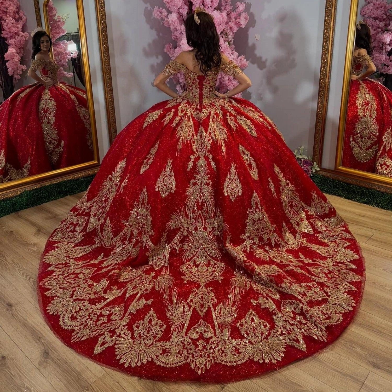 Vedress red glitter quinceanera dress corset back long train gold embroidery back view