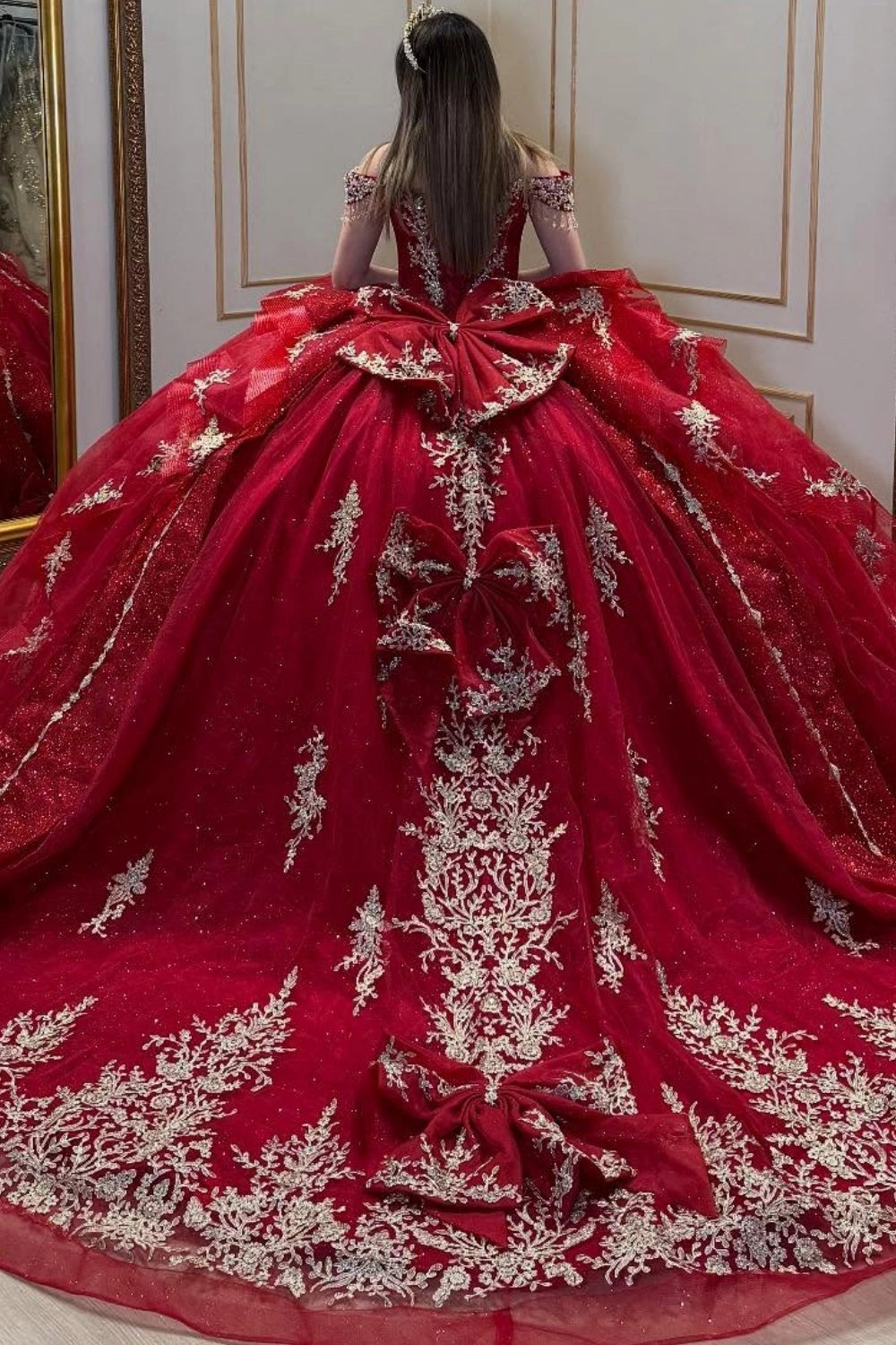 Vedress red quinceanera ball gown lace‑up corset back multi big‑bow long train dress back view