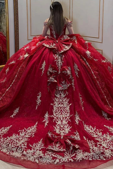Vedress red quinceanera ball gown lace‑up corset back multi big‑bow long train dress back view