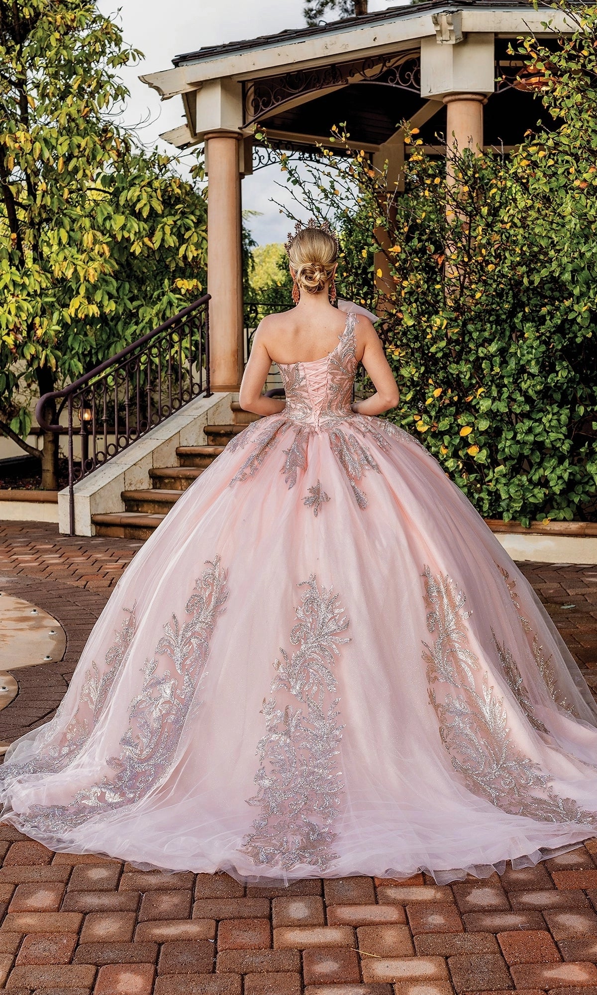 Vedress blush pink quinceanera ball gown lace‑up corset back floor train dress back view