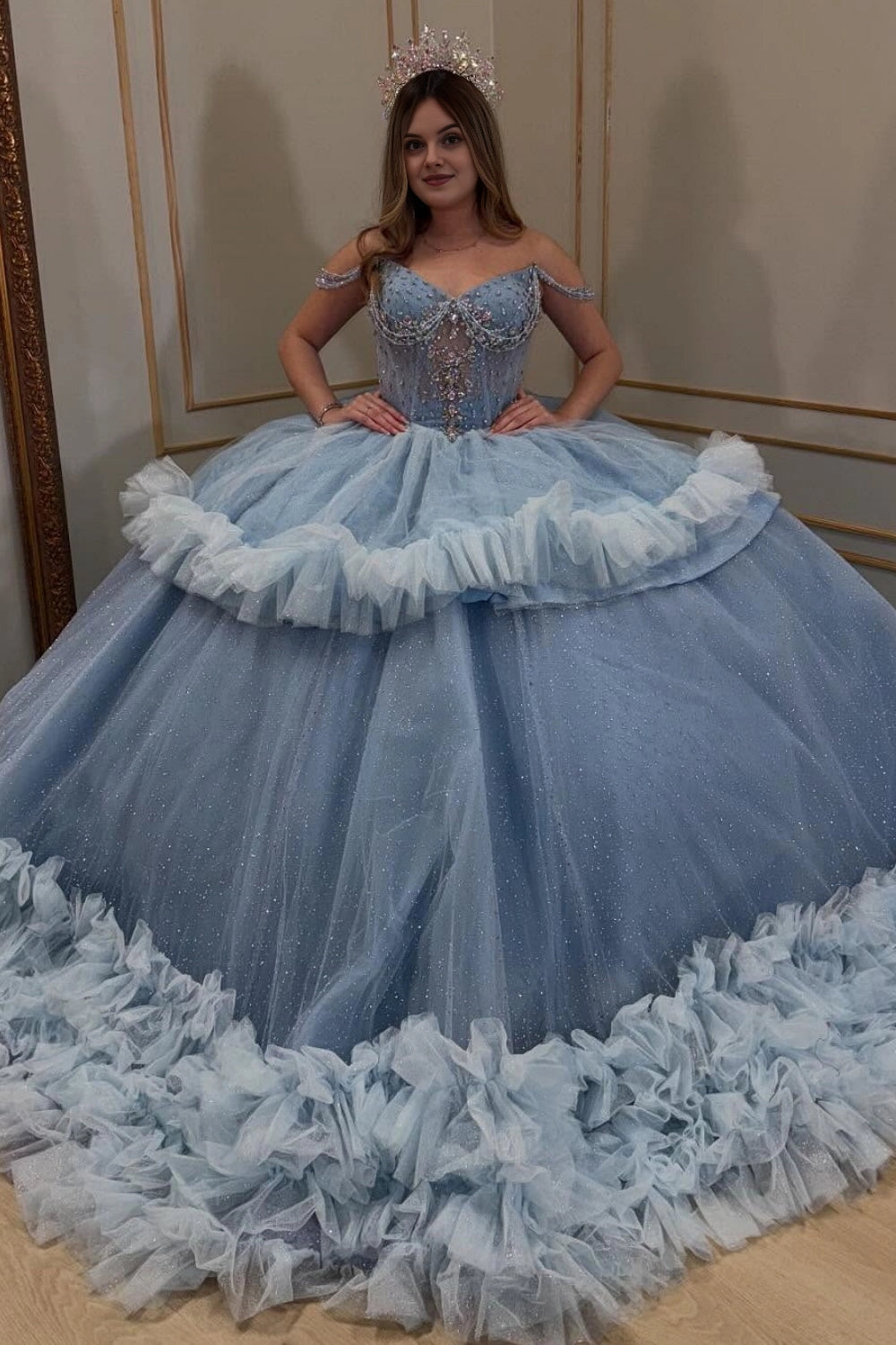 Ball Gown Off‑Shoulder Beaded Strap Corset Back Long Train Quinceanera Dress
