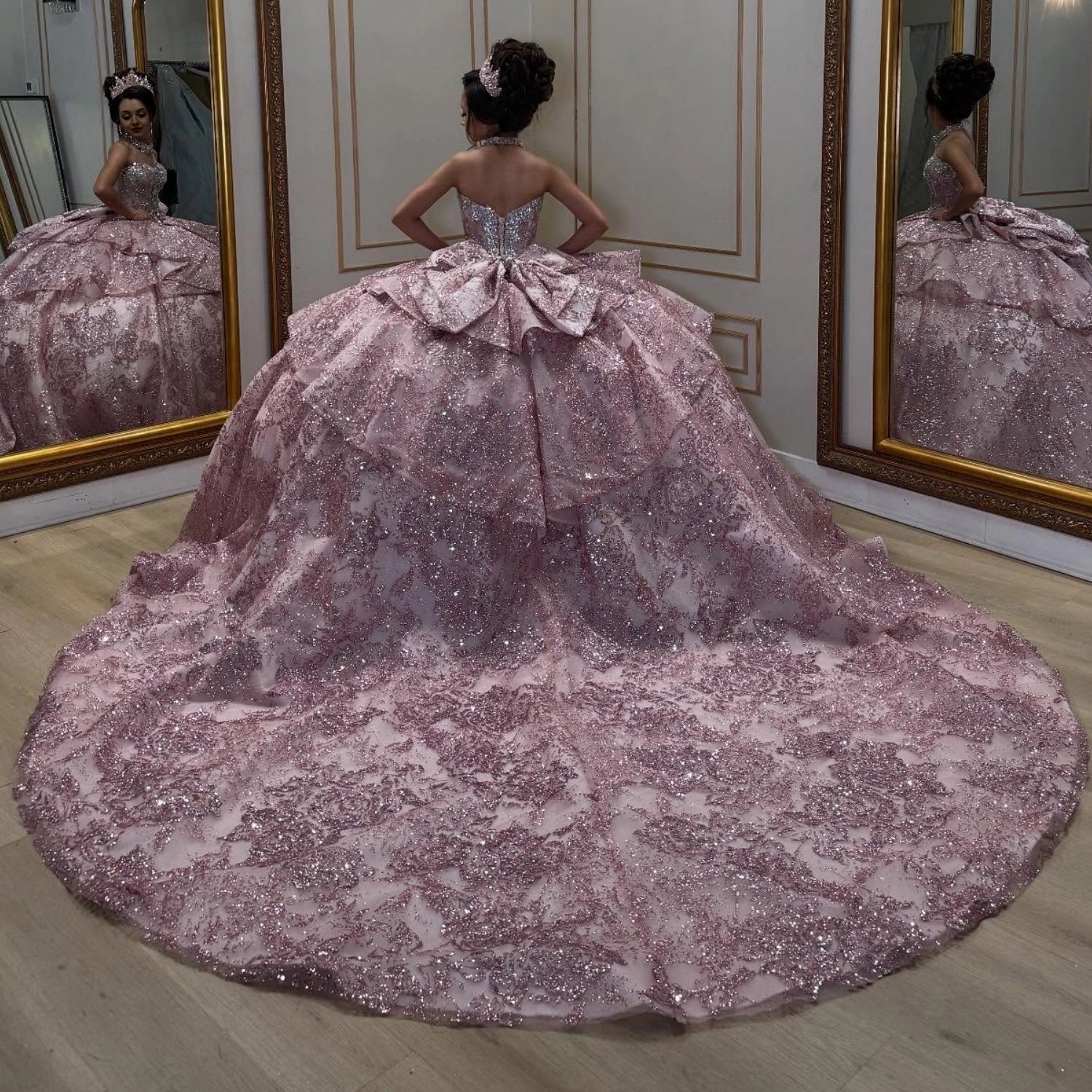 Vedress dusty rose quinceanera dress big bow back cathedral long train glitter tulle ballgown back view