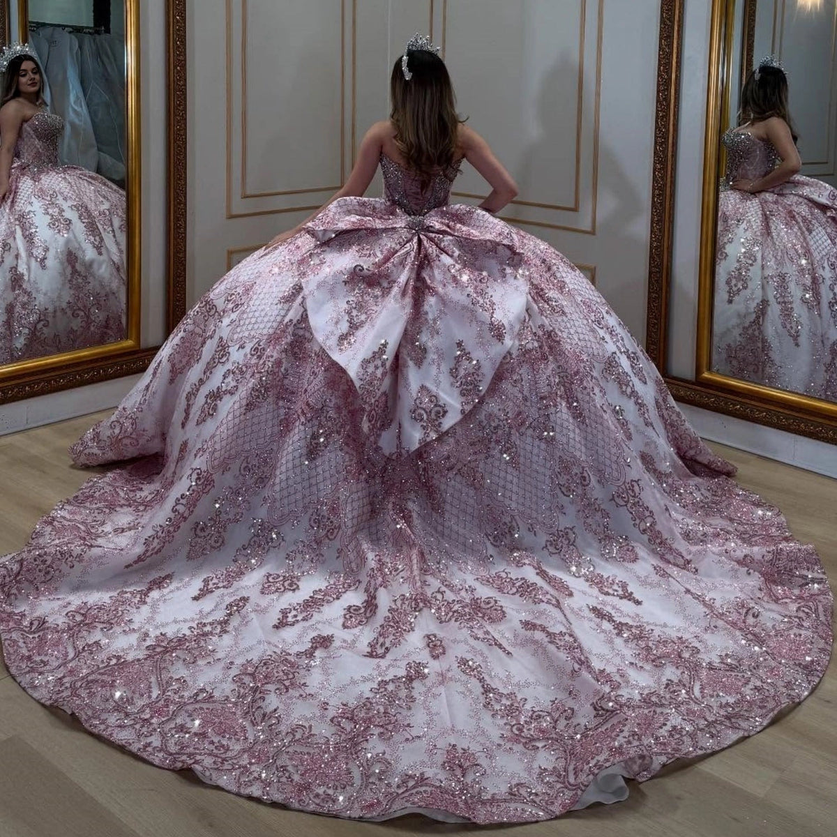 Vedress pink white big bow quinceanera dress corset back long train glitter appliques back view