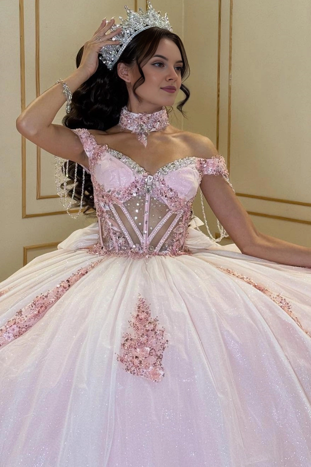 Romantic Blush Pink Ball Gown Off‑Shoulder Tassel Sleeve Big Bow Back Cathedral Train Quinceanera Dress