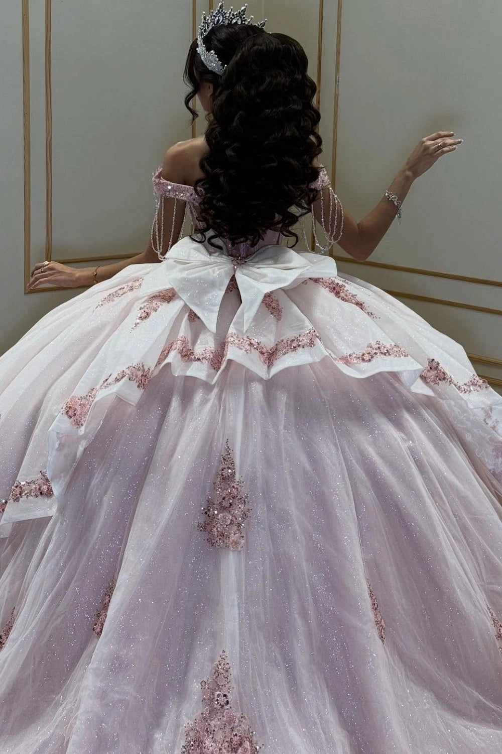 Romantic Blush Pink Ball Gown Off‑Shoulder Tassel Sleeve Big Bow Back Cathedral Train Quinceanera Dress