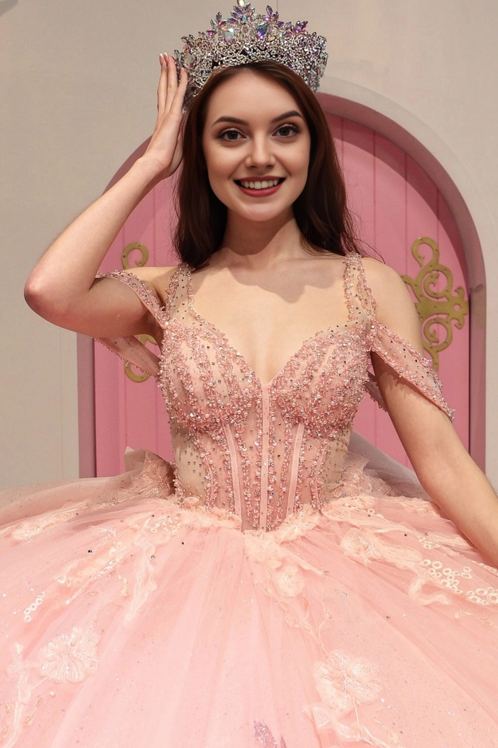 Peach Pink Ball Gown Off‑Shoulder Sweetheart Corset Back Layered Long Train Quinceanera Dress