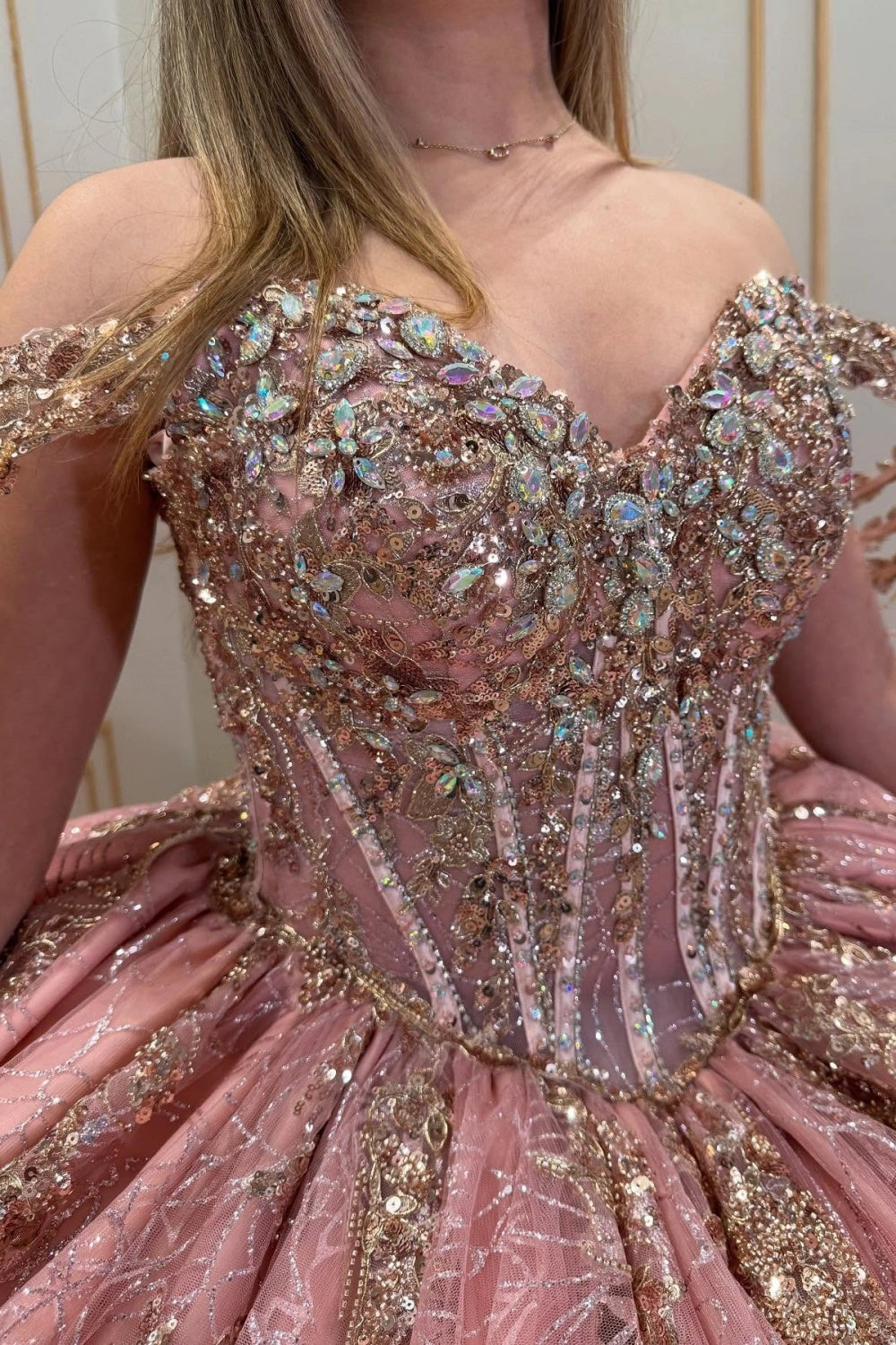 Glitter Ballgown Off‑The‑Shoulder Corset‑Back Big‑Bow Floor‑Train‑Length Quinceanera Dress