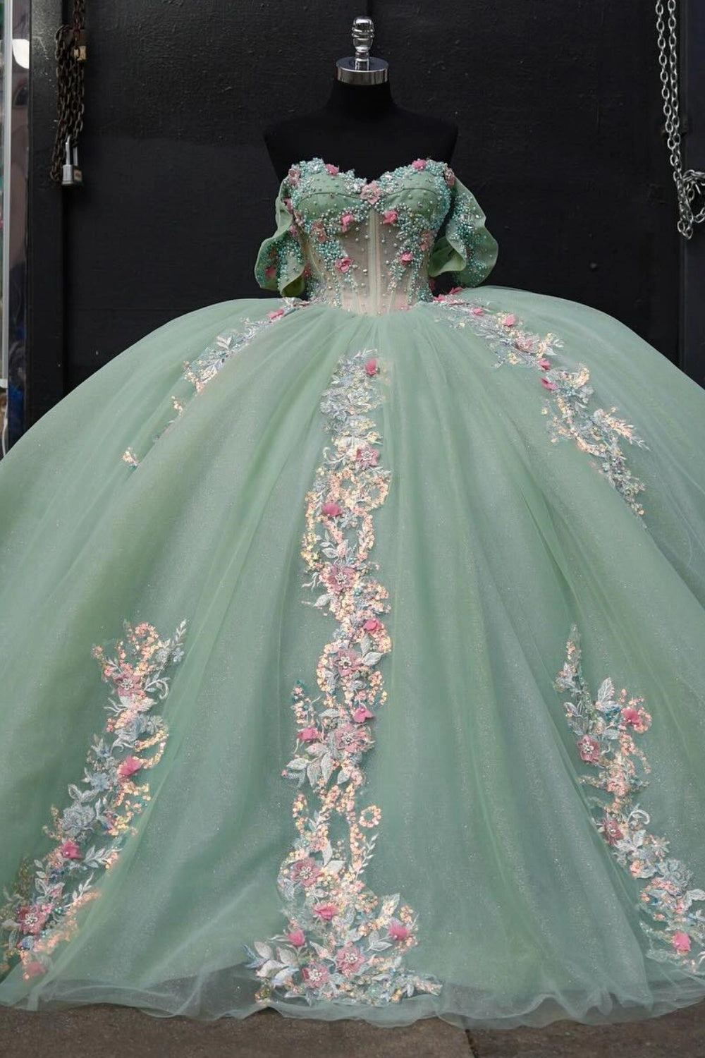 Sage Green Glitter Tulle Ball Gown Off‑Shoulder Puff Sleeve 3D Floral Lace‑Up Back Long Train Quinceanera Dress
