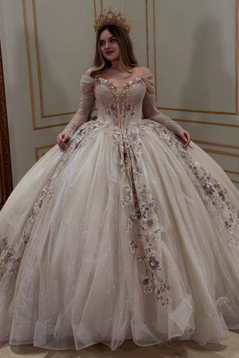 Champagne Glitter Tulle Ball Gown Off‑Shoulder Long Sheer Sleeve Floral Lace‑Up Back Cathedral Train Quinceanera Dress
