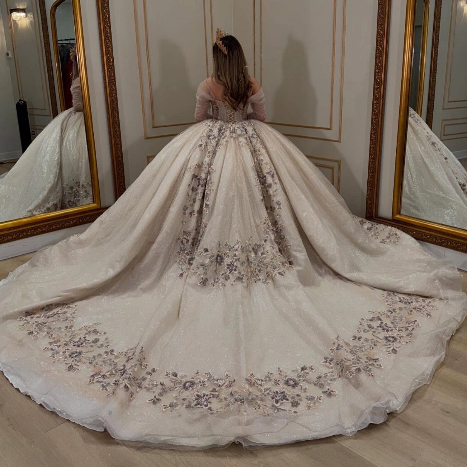 Vedress champagne ball gown quince dress lace‑up corset back cathedral long train vintage floral embroidery back view