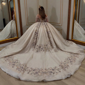Vedress champagne ball gown quince dress lace‑up corset back cathedral long train vintage floral embroidery back view