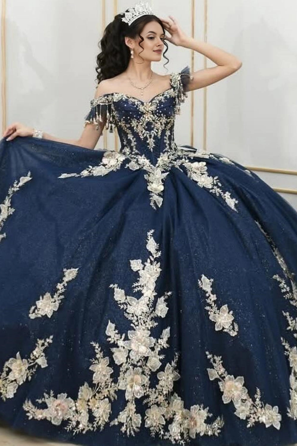 Luxury Ball Gown Off Shoulder Short Sleeve Lace‑Up Back Sweep Train Quinceanera Dress