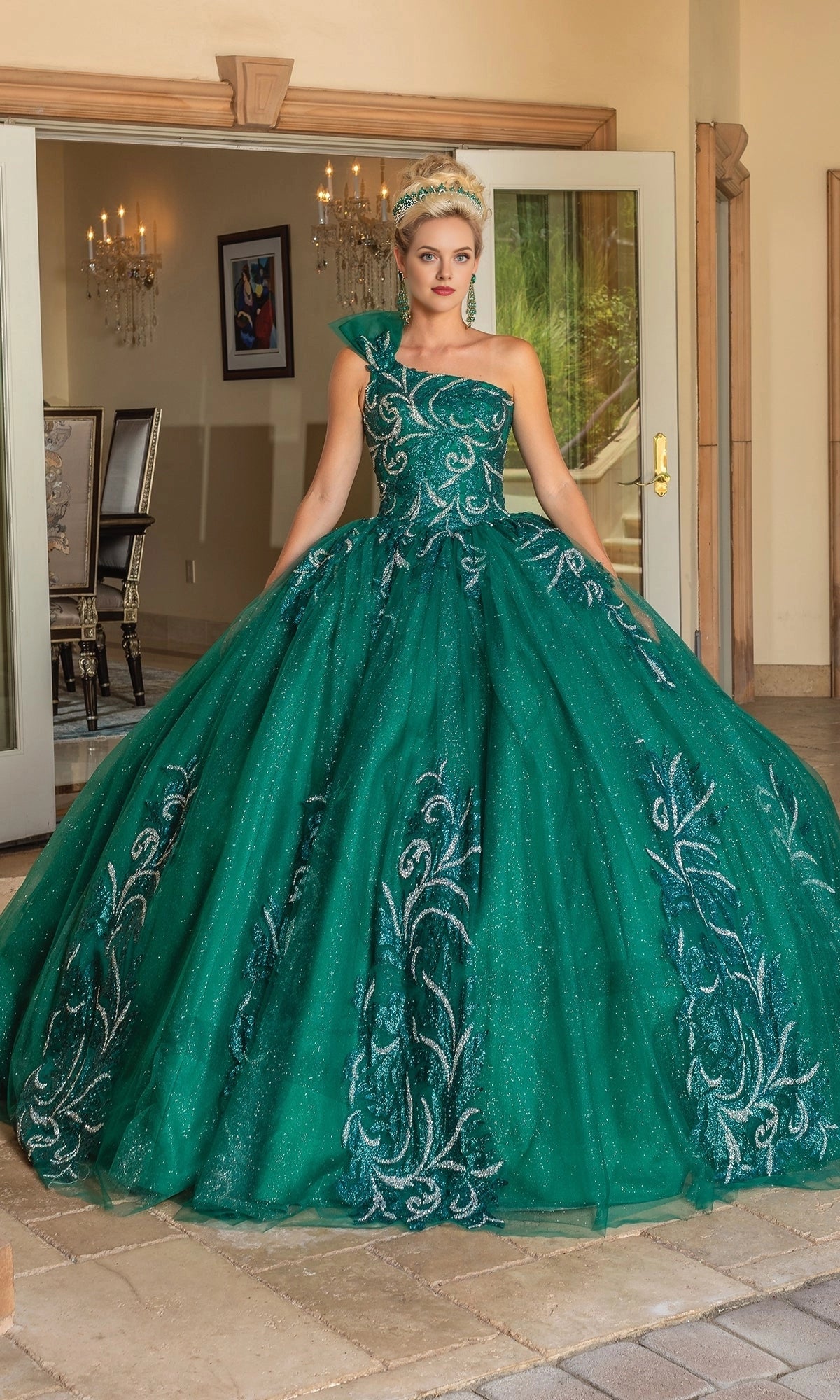 Glitter Ballgown One‑Shoulder Corset‑Back Floor‑Train‑Length Quinceanera Dress