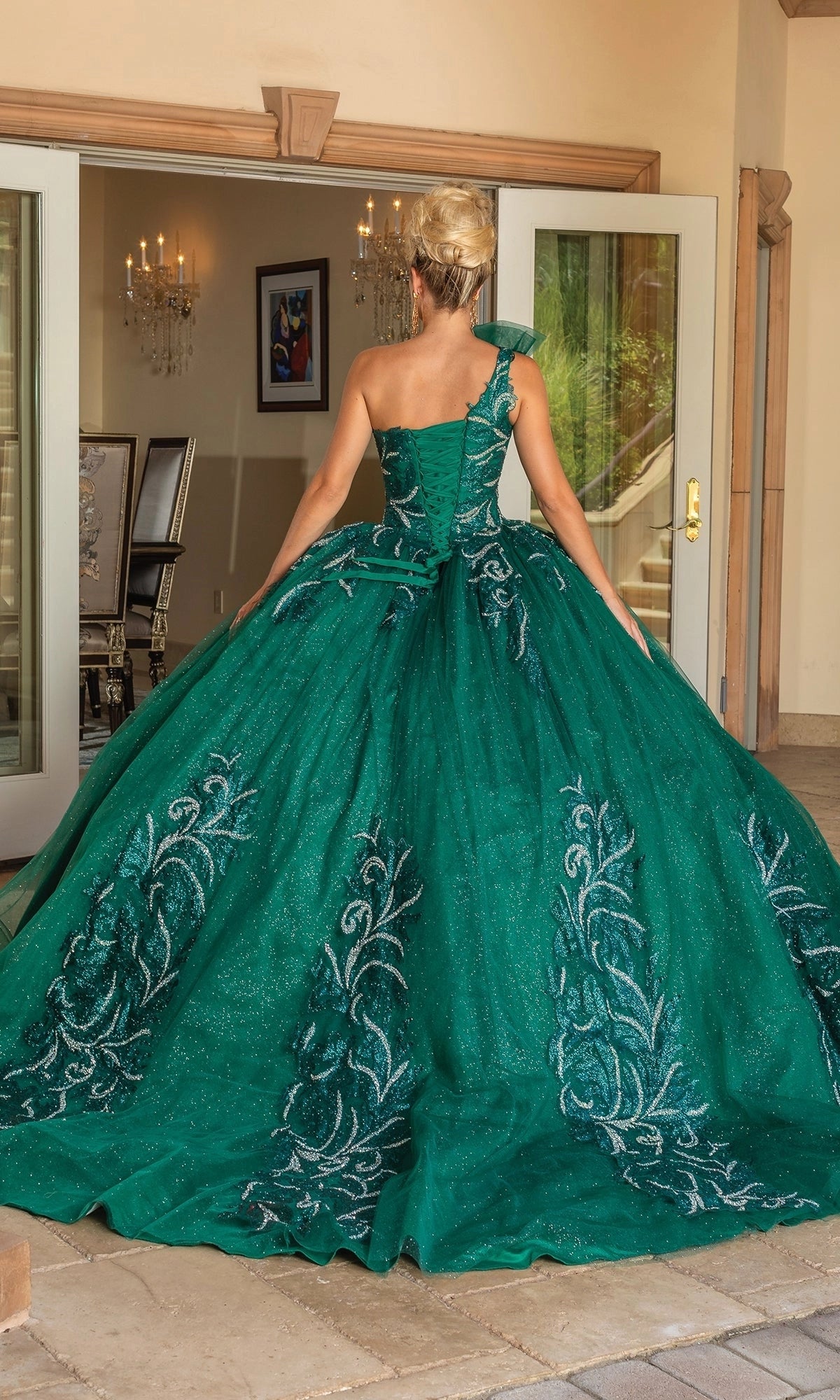 Glitter Ballgown One‑Shoulder Corset‑Back Floor‑Train‑Length Quinceanera Dress
