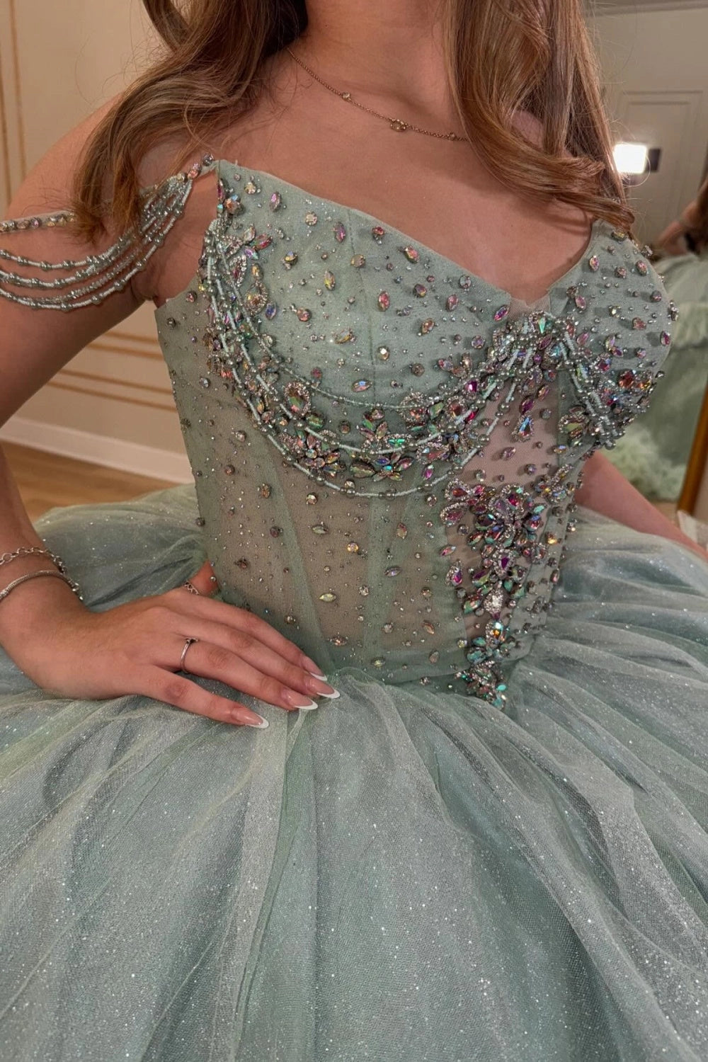 Ball Gown Off‑Shoulder Beaded Strap Corset Back Long Train Quinceanera Dress