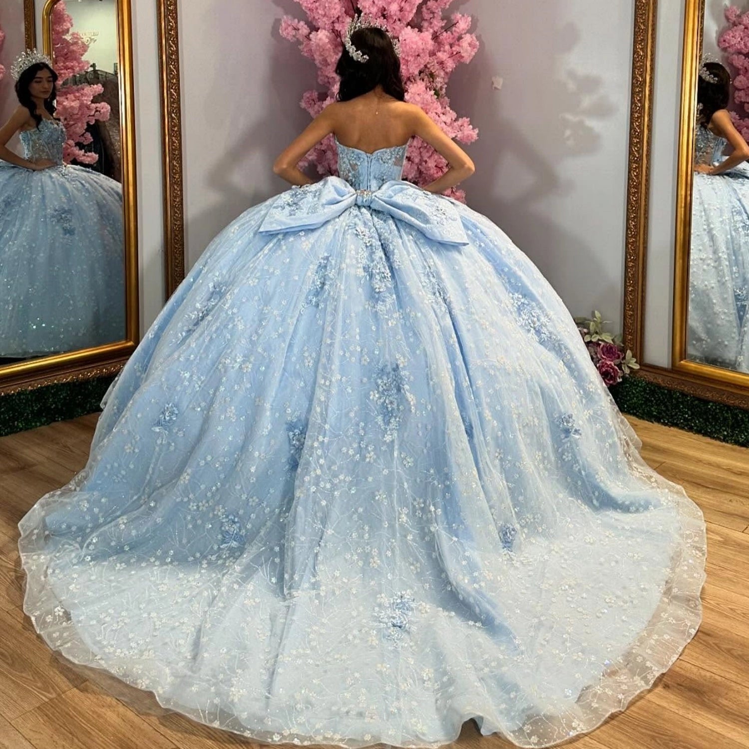 Vedress light blue big bow quinceanera dress corset back long train 3d flower appliques back view