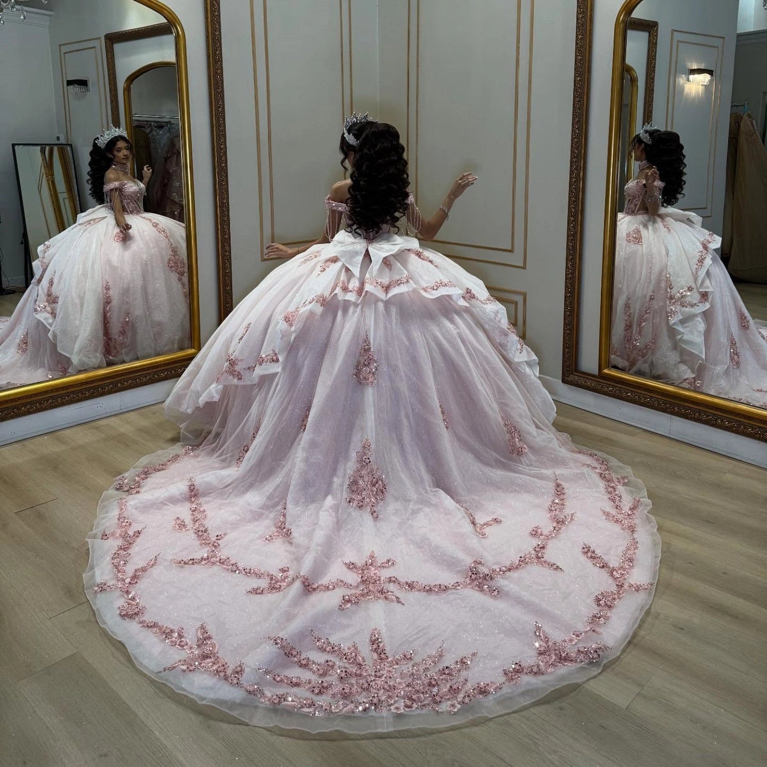 Vedress light pink quinceanera dress big bow back cathedral long train pink lace appliques glitter tulle ballgown back view