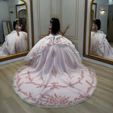Vedress light pink quinceanera dress big bow back cathedral long train pink lace appliques glitter tulle ballgown back view